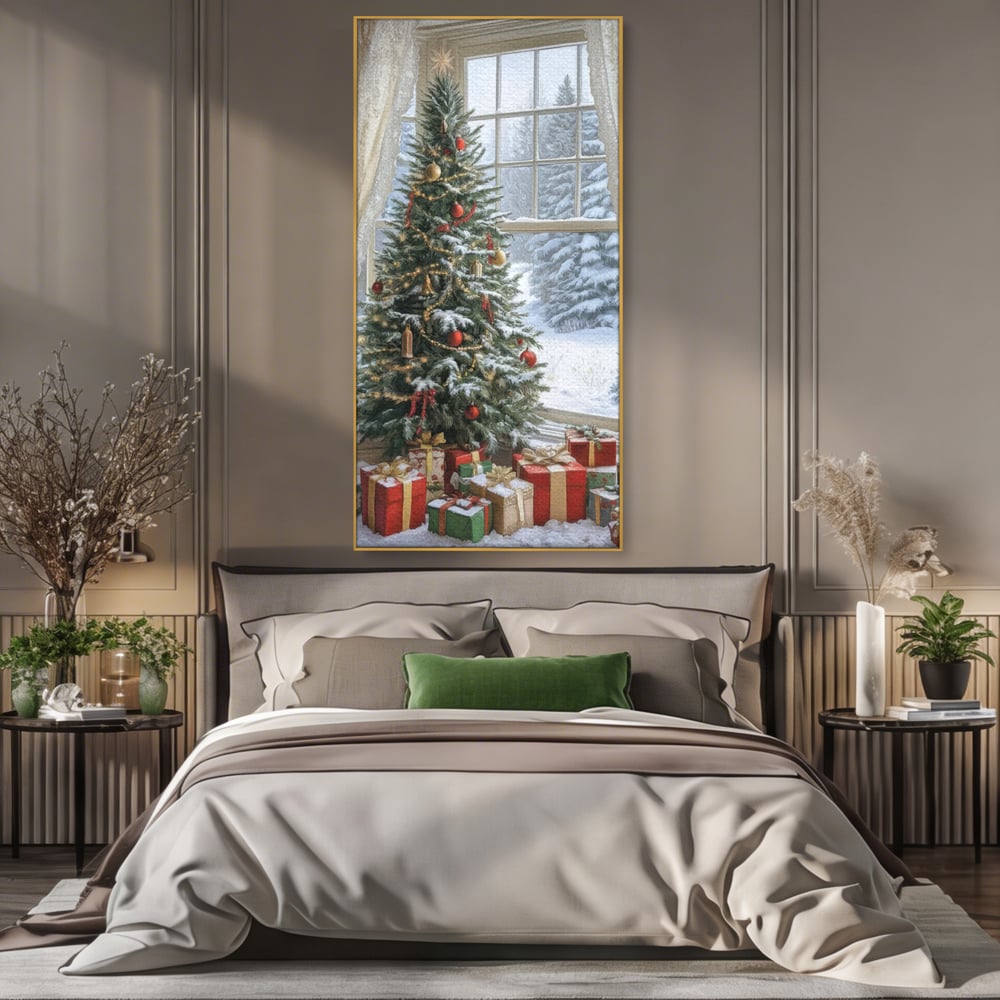 Tablou canvas cu tablou canvas cu brad de craciun si cadouri, in rama de aluminiu auriu, pe perete intr-un dormitor